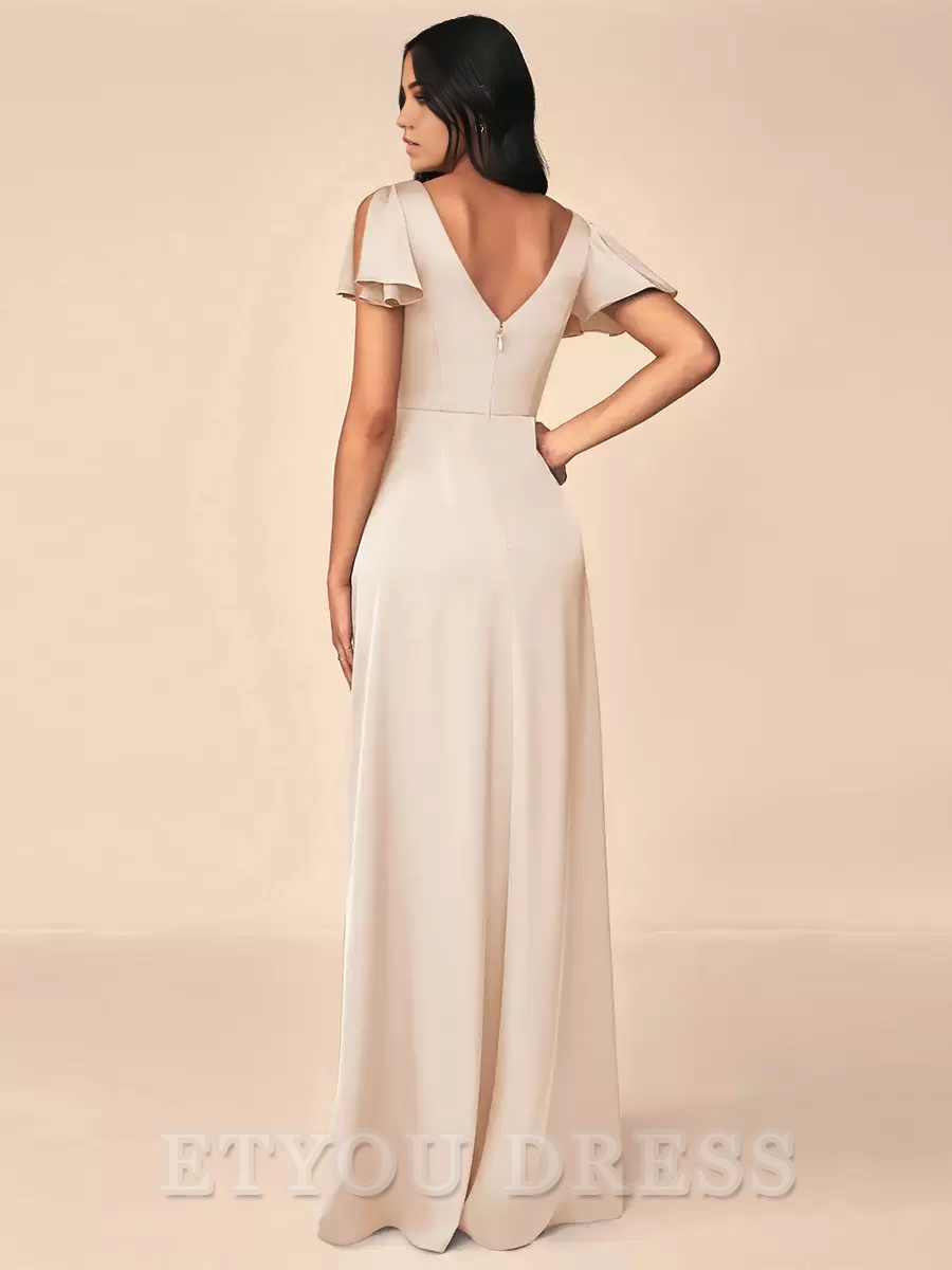 A-line V-Neck Floor-Length Zipper Satin Formal Gowns formal dresses Bridesmaid Dresses evening gown Prom Dress